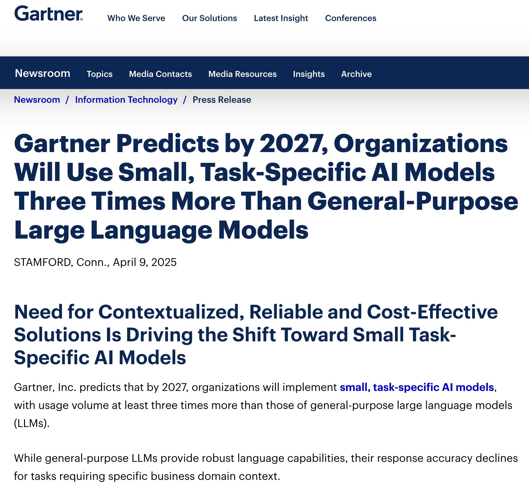 Gartner Predicts by 2027, Organizations Will Use Small, Task-Specific AI Models Three Times More Than General-Purpose Large Language Models