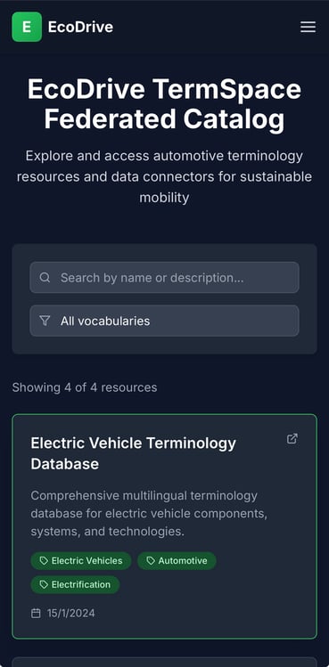 Catálogo federado de EcoDrive TermSpace con recursos de terminología para vehículos eléctricos, documentación ADAS, ontologías y conectores de datos