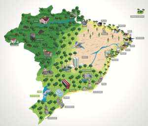 map of Brazil showing green forest areas and major cities with landmarks