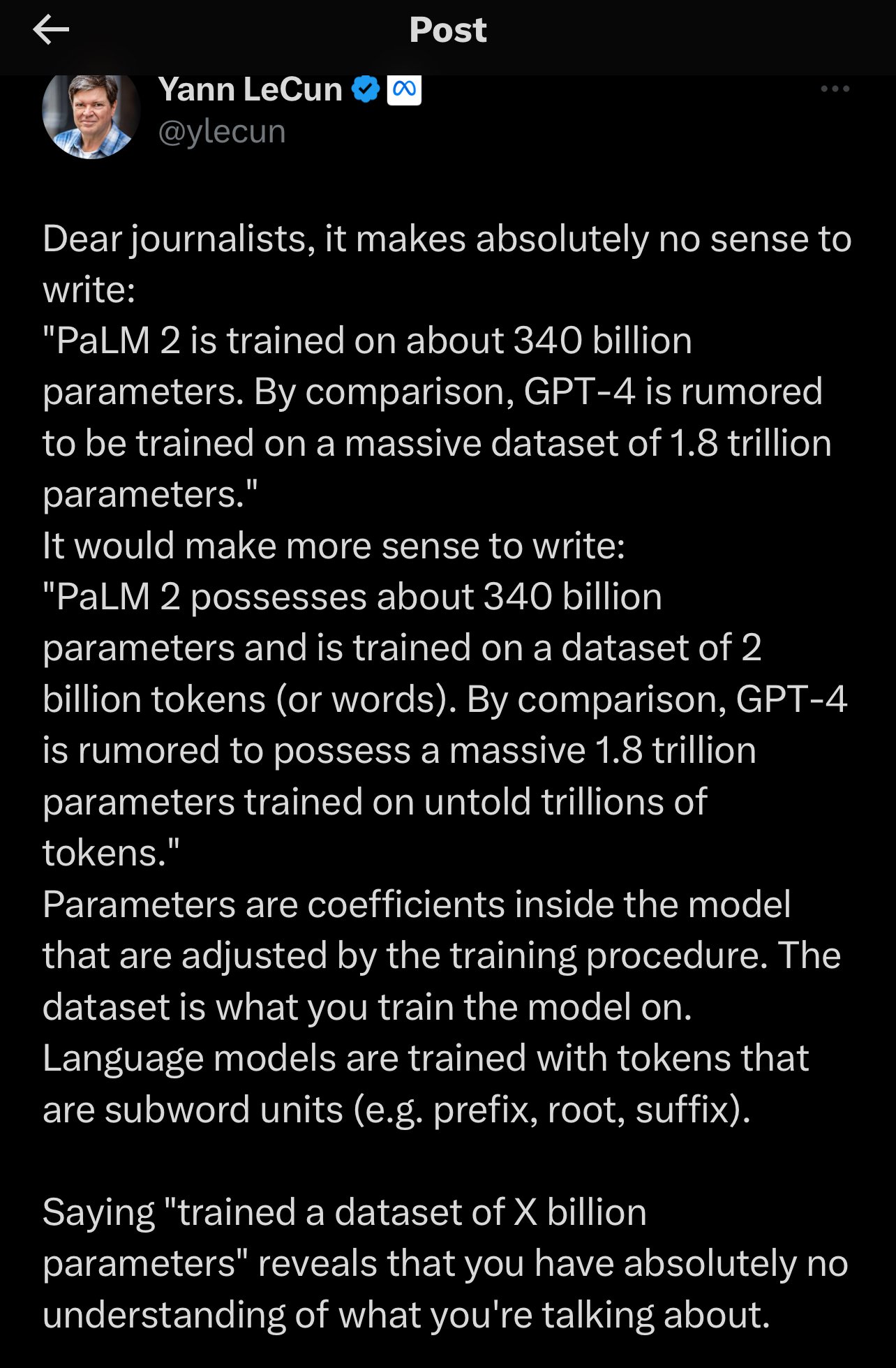 Yann LeCun criticizing journalists talking nonsense about billions of parameters